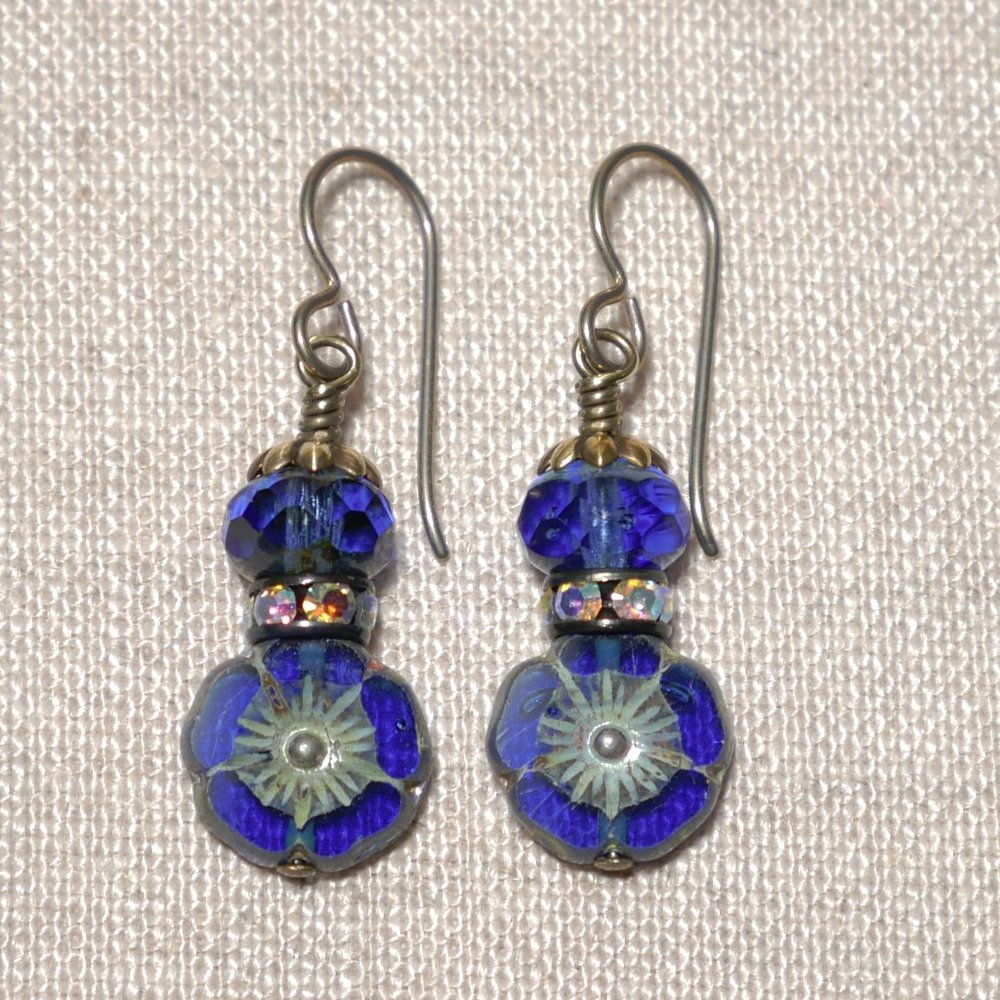 Hand Crafted Handmade Earrings Vintage Style Cobalt Blue Flower Earrings